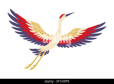Japanese crane bird, New Year holiday symbol of Japan cartoon character. Red crowned crane or Tancho bird flying with spread wings in Asian ornament for Japanese New Year decoration and Oshogatsu Stock Vector