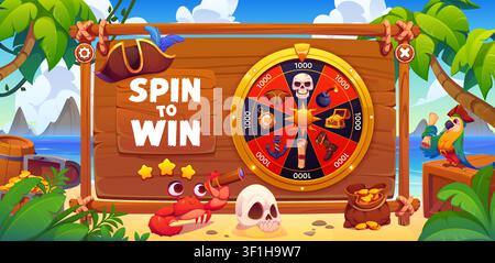 Pirate lucky roulette or jackpot slot machine spin wheel with corsairs treasures on Caribbean island. Pirate game with wheel of fortune spin wheel to win points or prize award of corsairs treasure Stock Vector