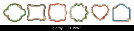Retro y2k groovy wavy frames, cartoon hippie psychedelic wave borders with wavy scalloped edges, heart nd cloud shapes with daisy flowers and stars. Cute, playful nostalgic funky pop art backgrounds Stock Vector