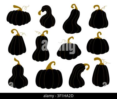 Title (EN): Black and gold autumn pumpkins set vector illustration. Modern luxury dark squashes and gourds collection isolated on white background. Elegant fall harvest design elements for Halloween isolated on white background. Minimalist organic vegetables elements for Thanksgiving, Halloween design Stock Vector