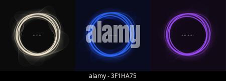 White, blue and violet circle with lights in black background. Futuristic technology modern style. Equalizer artificial intelligence technology vector Stock Vector