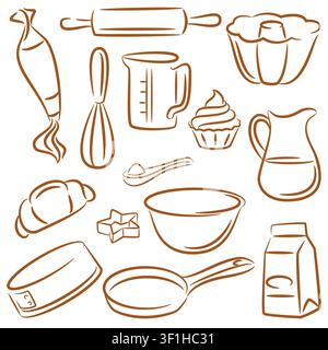 Bakery and pastry kitchenware icons. Vector hand drawn line art illustration of cooking utensils and tools. Confectionery and recipe design elements s Stock Vector