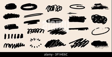Black chalk or pencil in different form. Hand-drawn kid frames and lines in scribble style. Set ink doodle boxes curved lines and messy doodles.  Stock Vector