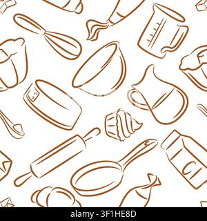 Vector seamless pattern with hand drawn sketch illustration of baking ingredients, kitchen utensil and tools. Cooking and recipe design background for Stock Vector