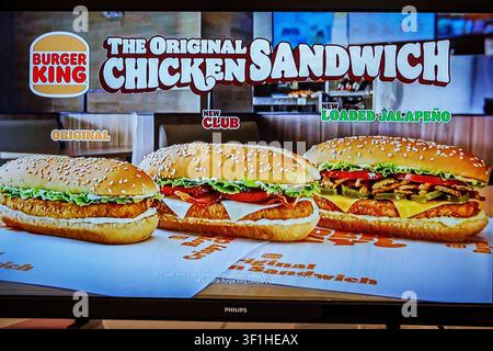Miami Beach Florida,tv television,screen monitor,commercial ad advertisement,Burger King,The Original Chicken Sandwich,chicken sandwich,Original Chick Stock Photo