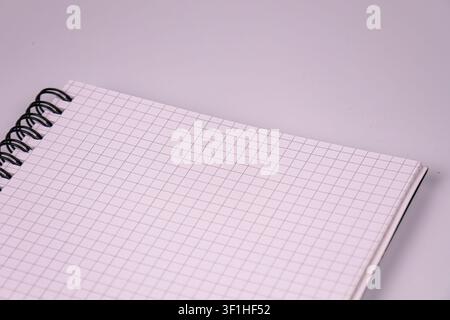 Spiral notebook open on grid pages, black metal binding, clean minimalistic style, white pages, light gray background, even soft lighting, matte paper Stock Photo