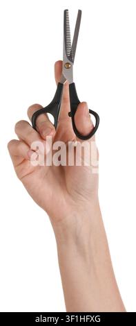 Hairdresser holding thinning scissors on white background, closeup Stock Photo
