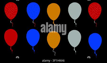 Colorful Party Balloons Set on Black Background | Hand Drawn Red Blue Orange Silver Birthday Celebration Vector Clip Art Graphics Collection Stock Vector