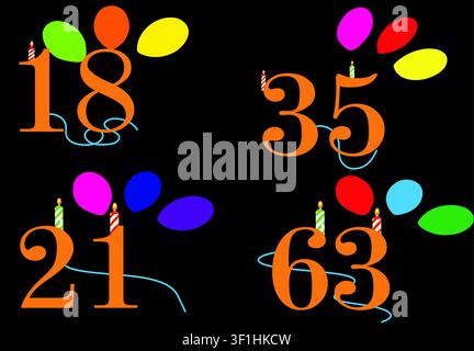 Happy birthday numbers set with age 18, 21, 35, 63, colorful balloons, candles. Anniversary party vector illustration on black. Stock Vector