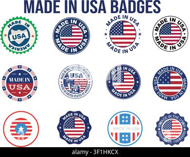 Made in USA badges set with American flag, Statue of Liberty icons. Patriotic manufacturing quality labels vector illustration. Stock Vector