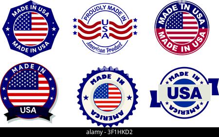 Made in USA badges set with American flag, stars and stripes graphics. Patriotic manufacturing quality labels vector illustration. Stock Vector