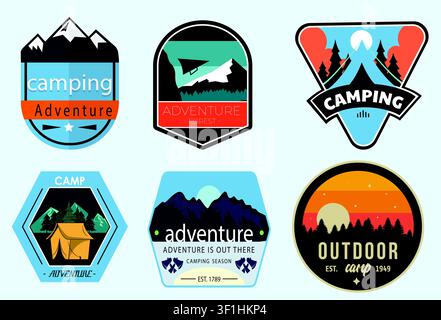 Camping adventure badges set with mountain peaks, forest trees, tourist tent, hang glider illustrations. Outdoor emblems vector. Stock Vector