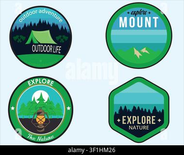 Outdoor adventure badges set with camping tent, mountain, forest trees, lantern graphics. Explore nature emblems vector illustration. Stock Vector