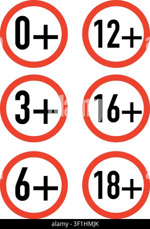 Age Restriction Signs Set 0+ 3+ 6+ 12+ 16+ 18+ Stock Vector
