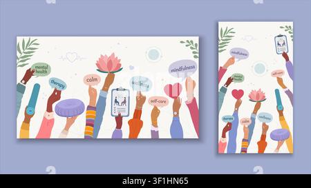 Diverse hands raised holding mental health and self care speech bubbles Stock Vector
