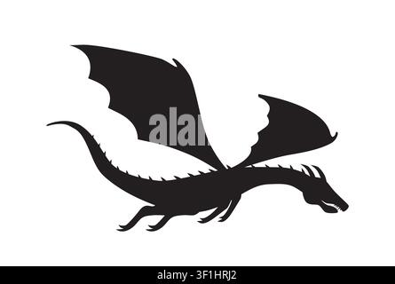 Flying dragon silhouette set. Black medieval fantasy dragon collection isolated on white background Stock Vector