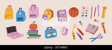 Back to school clipart set with backpacks, books, lunch box, laptop, rulers, scissors, notebooks, and colorful school essentials in warm modern colors, versatile collection for classroom resources, worksheets, stickers, planners, educational materials, and children design projects Stock Vector