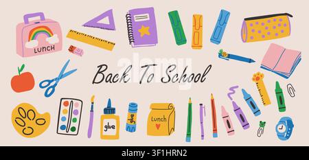 Back to School horizontal banner with colorful school supplies, art materials, lunch box, rulers, pencil case, scissors, glue, paints, pens, and classroom essentials surrounding a central text area, cheerful educational design for schools, classrooms, learning campaigns, websites, posters, and promotional materials Stock Vector