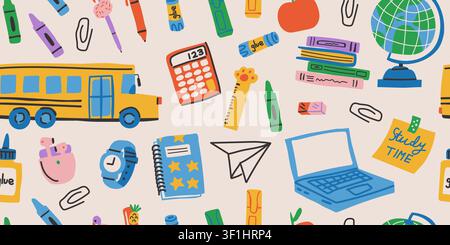 Seamless school routine pattern with a yellow school bus, notebooks, globe, calculator, laptop, sticky notes, books, and colorful school supplies on a light background, cheerful back to school repeat design for kids fabric, classroom decor, wallpaper, and educational projects Stock Vector