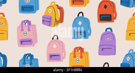 Seamless school backpack pattern with colorful student backpacks in a modern minimalist style on a light background, versatile back to school repeat design for kids fabric, classroom decor, wallpaper, wrapping paper, and educational themed projects Stock Vector