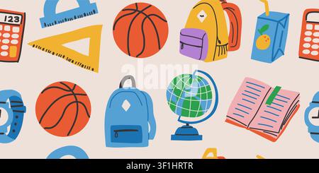 Seamless back to school pattern with backpack, basketball, calculator, ruler, books, juice box, clock, and educational supplies in neutral colors on a light background, playful unisex repeat design for kids fabric, classroom decor, wallpaper, wrapping paper, and school themed projects Stock Vector
