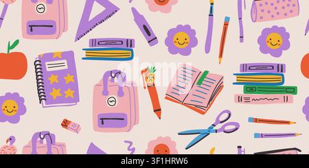 Seamless kawaii school supplies pattern with pink and purple stationery, notebooks, backpack, markers, pencils, scissors, ruler, paintbrush, eraser, and cute study accessories on a light background, playful back to school repeat design for kids fabric, classroom decor, wallpaper, and educational projects Stock Vector