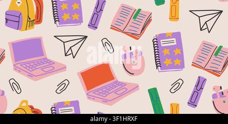 Seamless girl student pattern with laptop, headphones, books, backpack, notebooks, markers, and cute study accessories in soft pink and pastel colors on a light background, playful back to school repeat design for kids fabric, stationery, classroom decor, wallpaper, and educational projects Stock Vector