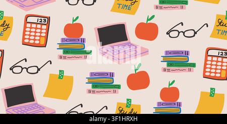 Seamless academic study pattern with books, calculator, sticky notes, computer, glasses, and apple on a light background, educational repeat design for students, classrooms, high school, college, study spaces, fabric, wallpaper, and learning themed projects Stock Vector