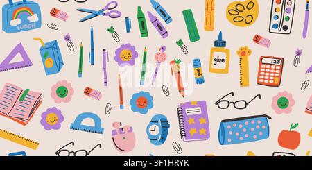 Seamless school supplies pattern with books, rulers, glasses, pencil case, apple, paper clips, lunch box, paint palette, crayons, brushes, headphones, clock, and creative classroom essentials on a light background, playful back to school repeat design for kids fabric, classroom decor, wallpaper, and educational projects Stock Vector
