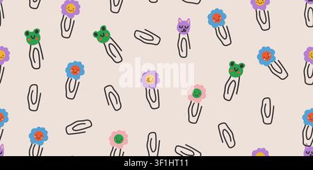 Seamless back to school pattern with cute paper clips, frog characters, flower clips, cat clips, and playful stationery elements on a light background, charming repeat design for kids fabric, classroom decor, school supplies, wallpaper, wrapping paper, and educational projects Stock Vector
