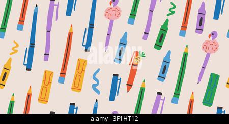 Seamless back to school stationery pattern with colorful pencils, pens, markers, crayons, and cute novelty school supplies featuring flamingo and pineapple designs on a light background, playful repeat design for kids fabric, classroom decor, wallpaper, wrapping paper, and educational projects Stock Vector