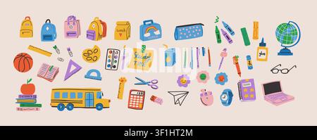 Mega back to school clipart set with over 40 educational elements including backpacks, books, laptop, globe, glasses, lunch boxes, pencil cases, school bus, stationery, art supplies, snacks, and classroom essentials in warm modern colors, versatile collection for worksheets, stickers, planners, educational resources, and children design projects Stock Vector