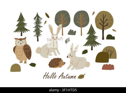 Hello Autumn woodland animals banner with two white bunnies, a cute hedgehog, an owl, evergreen trees, shrubs, and autumn foliage on a white background, charming children illustration for greeting cards, nursery decor, posters, apparel prints, and cozy fall themed projects Stock Vector