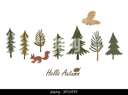Hello Autumn woodland banner with a cute squirrel, flying owl, pine trees, and forest foliage on a white background, charming minimalist children illustration for greeting cards, nursery decor, posters, t-shirts, seasonal prints, and cozy fall themed projects Stock Vector