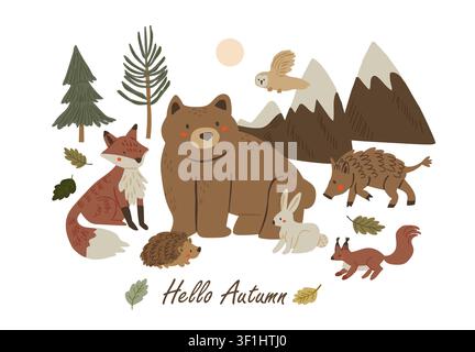 Hello Autumn woodland animals banner with a bear, fox, hedgehog, bunny, squirrel, wild boar, flying owl, mountains, pine trees, and autumn leaves on a white background, charming children illustration for greeting cards, nursery decor, posters, t-shirts, seasonal prints, and cozy fall themed projects Stock Vector