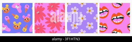 Funky Seamless Patterns with doodle elements. Stock Vector