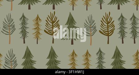Seamless Scandinavian pine trees pattern with stylized fir trees and evergreen forest silhouettes on a dark green background, minimalist Nordic inspired repeat design for fabric, wallpaper, wrapping paper, nursery decor, and cozy woodland themed home projects Stock Vector