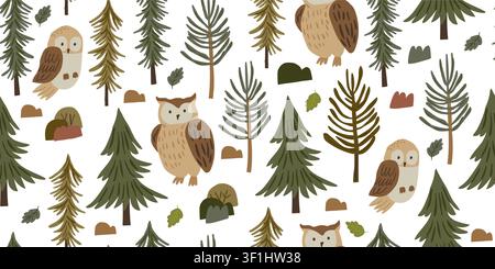 Seamless owl woodland pattern with cute owls, pine trees, fir branches, leaves, and forest elements on a white background, cozy Scandinavian inspired repeat design for nursery decor, fabric, wallpaper, wrapping paper, and woodland themed children projects Stock Vector