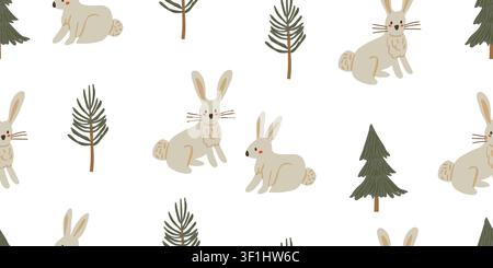 Seamless bunny woodland pattern with adorable white rabbits and pine trees on a white background, airy Scandinavian inspired repeat design in soft natural colors for nursery decor, baby textiles, wallpaper, wrapping paper, and cozy woodland themed children projects Stock Vector
