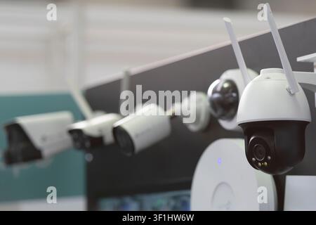 Modern wireless PTZ security camera with dual antennas for smart video surveillance, remote monitoring, property protection and AI-powered security sy Stock Photo