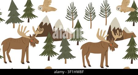 Seamless woodland winter pattern with deer, flying owl, pine trees, and mountain landscapes on a white background, minimalist Scandinavian inspired repeat design for nursery decor, fabric, wallpaper, wrapping paper, and cozy woodland themed kids projects Stock Vector