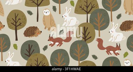 Seamless woodland animals pattern with owls, squirrels, hedgehogs, and a white bunny in a cozy autumn forest on a soft sage green background, charming children repeat design in warm natural colors for nursery decor, fabric, wallpaper, wrapping paper, and woodland themed kids projects Stock Vector