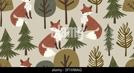 Seamless woodland fox pattern with adorable foxes in a forest setting on a soft sage green background, playful children repeat design in warm natural colors for nursery decor, fabric, wallpaper, wrapping paper, and woodland themed kids projects Stock Vector