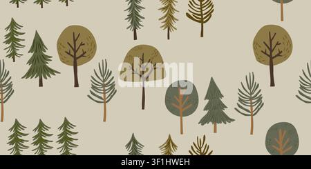 Seamless Scandinavian forest pattern with stylized pine trees and woodland trees arranged in an elegant scattered layout on a warm beige background, minimalist Nordic inspired repeat design in earthy green and brown tones for fabric, wallpaper, wrapping paper, nursery decor, and cozy woodland themed projects Stock Vector