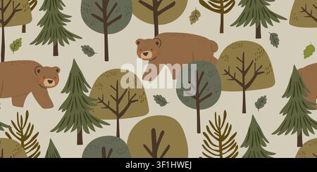 Seamless woodland bears pattern with cute bears wandering through a dense forest of pine trees on a warm beige background, charming children repeat design in earthy green tones for nursery decor, fabric, wallpaper, wrapping paper, and cozy woodland themed projects Stock Vector