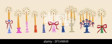 Horizontal Christmas Candle Banner with Glowing Candles in Minimalist Candle Holders on Beige Background, Cozy Holiday Greeting Header for Birthday, Baby Shower, Winter Celebration and Vintage Inspired Card Design Stock Vector