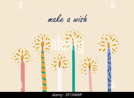 Make a Wish Greeting Banner with Six Lit Stylish Candles, Horizontal Birthday Card for Celebration, Christmas, Party Invitation, Holiday Greeting, Festival Event and Festive Candle Illustration art Stock Vector