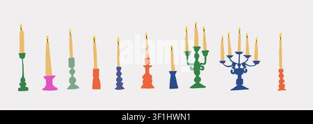 Minimalist Candle Holder Clipart Set with Yellow Candles, Cozy Autumn Home Decor Collection Isolated on White Background, Scandinavian Candlesticks Bundle for Collages, Stickers, Invitations and Interior Design Stock Vector