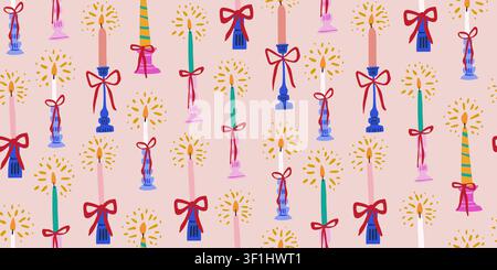 Seamless Pattern with Colorful Lit Candles, Red Bows and Pink Background, Girly Birthday Party Decor, Cozy Festive Celebration, Cute Feminine Candle Print for Wrapping Paper, Textile and Stationery. Vector illustration Stock Vector
