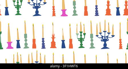 Minimalist Seamless Pattern with Modern Candle Holders and Yellow Candles on White Background, Elegant Scandinavian Home Decor. Vector illustration Stock Vector